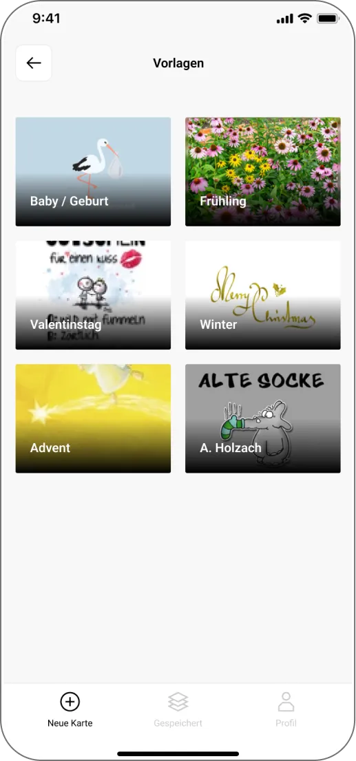 Übersicht verschiedener Postkarten-Vorlagen, aus denen Nutzer:innen je nach Anlass ein passendes Design auswählen können.