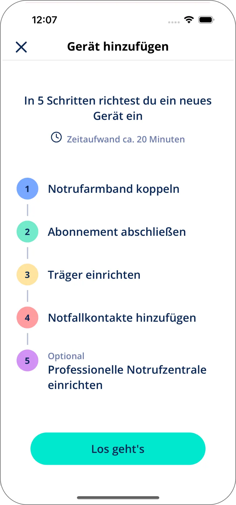 Onboarding-Screen, der die Einrichtung eines neuen Notrufarmbands Schritt für Schritt erklärt.
