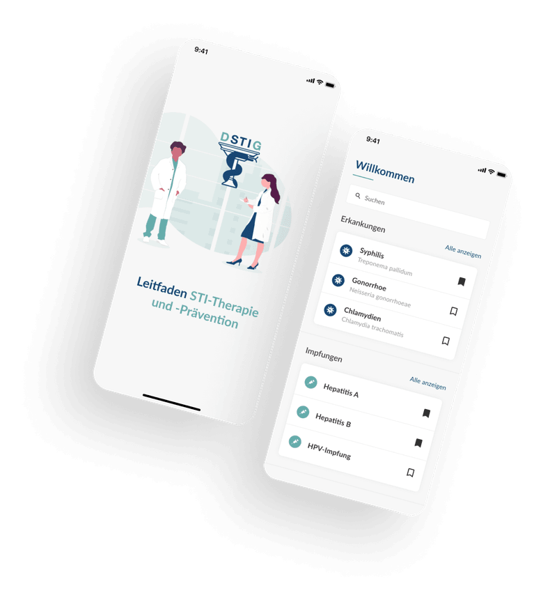 Abbildung von Screendesigns der DSTIG App. Die App bietet einen Leitfaden für STI-Therapie und Prävention, unterstützt medizinisches Fachpersonal mit klar strukturierten Informationen.